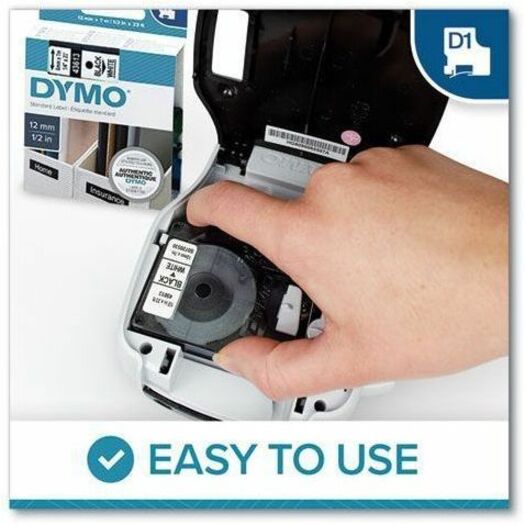 Dymo D1 Electronic Tape Cartridge, 1/2" x 23 ft, Removable Adhesive, White with Black Text, Easy Peel, Durable, 1 Each