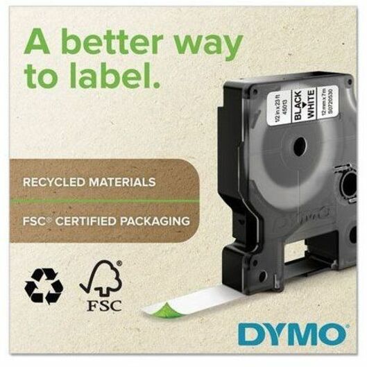 Dymo D1 Electronic Tape Cartridge, 1/2" x 23 ft, Removable Adhesive, White with Black Text, Easy Peel, Durable, 1 Each