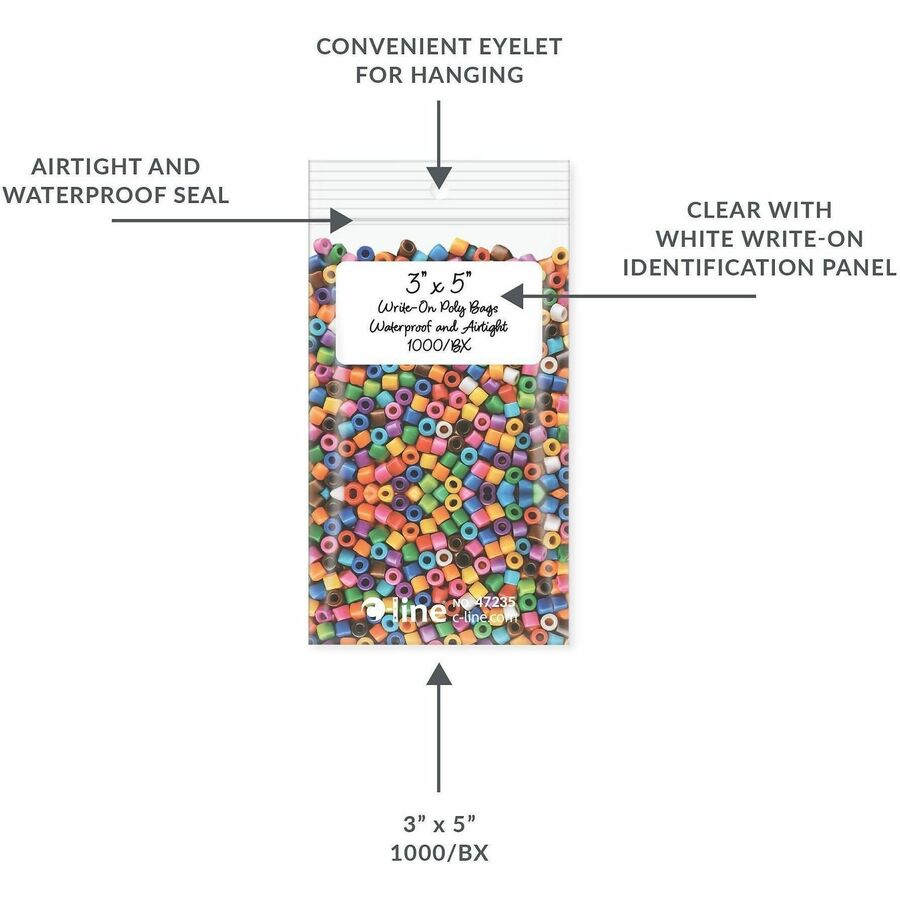 C-Line Write-On Reclosable Small Parts Bags - 5" Length x 3" Width - Clear - Poly - Multipurpose - 1000 / Carton