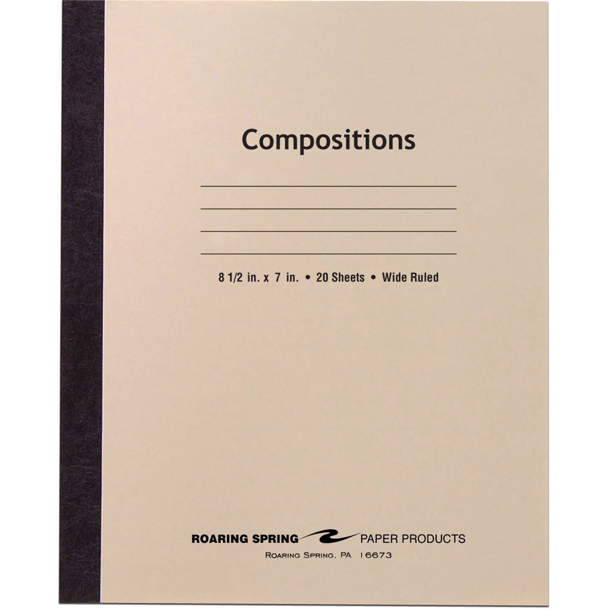 Roaring Spring Wide Ruled Flexible Cover Composition Book, 8.5" x 7", 20 Sheets, 40 Pages, Manila Cover, Sewn/Tapebound, 1 Each
