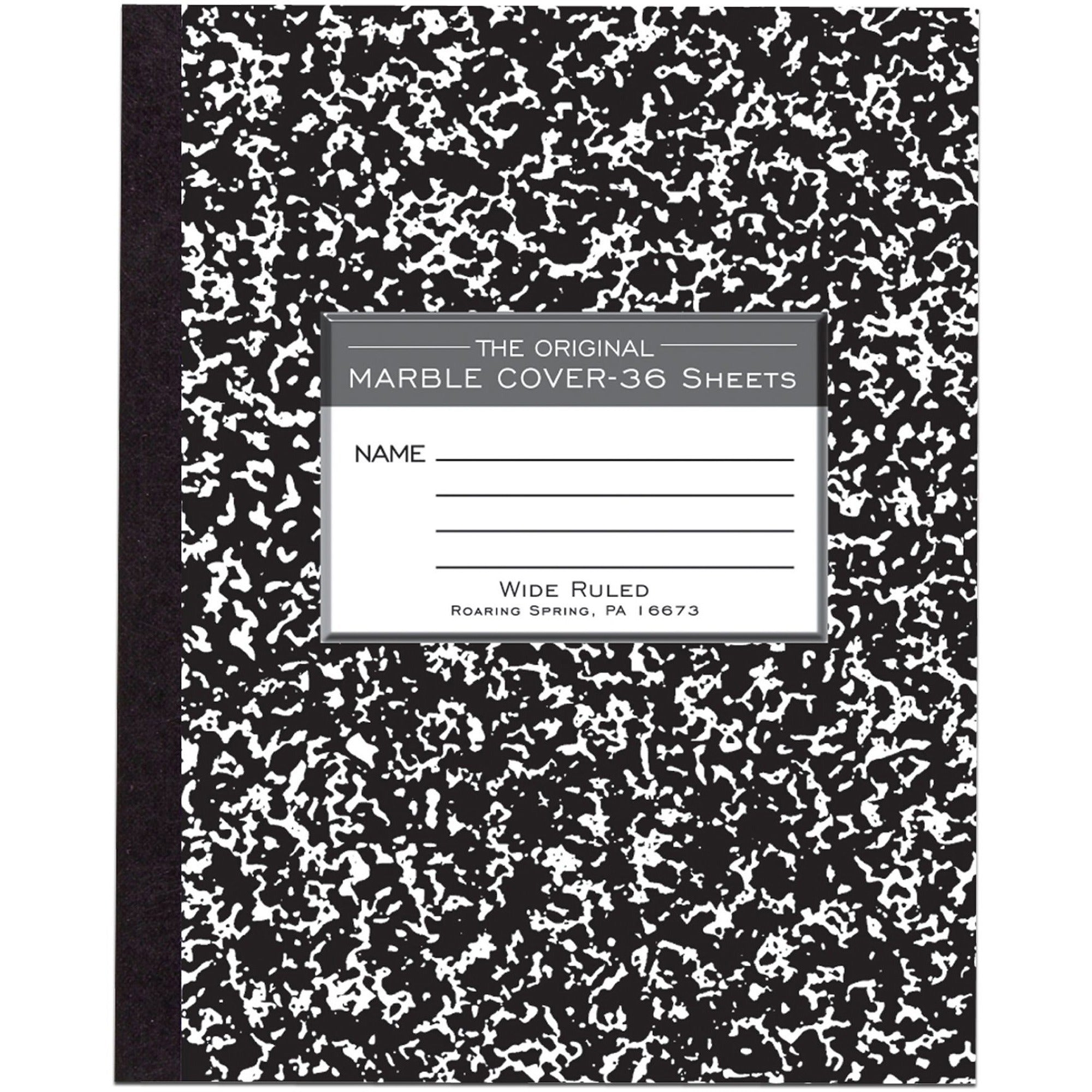 Roaring Spring Wide Ruled Flexible Cover Composition Book, 36 Sheets, 72 Pages, 8.5" x 7", Black Marble Cover, 1 Each
