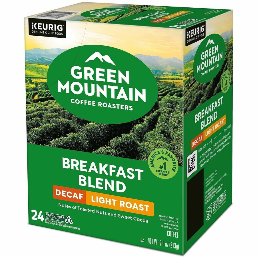 Green Mountain Coffee Roasters&reg; K-Cup Breakfast Blend Decaf Coffee - Compatible with Keurig Brewer - Light/Mild - K-Cup - Decaffeinated - 24 / Box