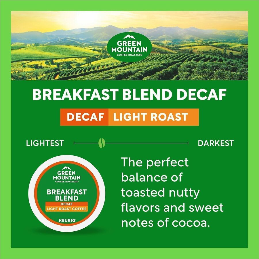 Green Mountain Coffee Roasters&reg; K-Cup Breakfast Blend Decaf Coffee - Compatible with Keurig Brewer - Light/Mild - K-Cup - Decaffeinated - 24 / Box