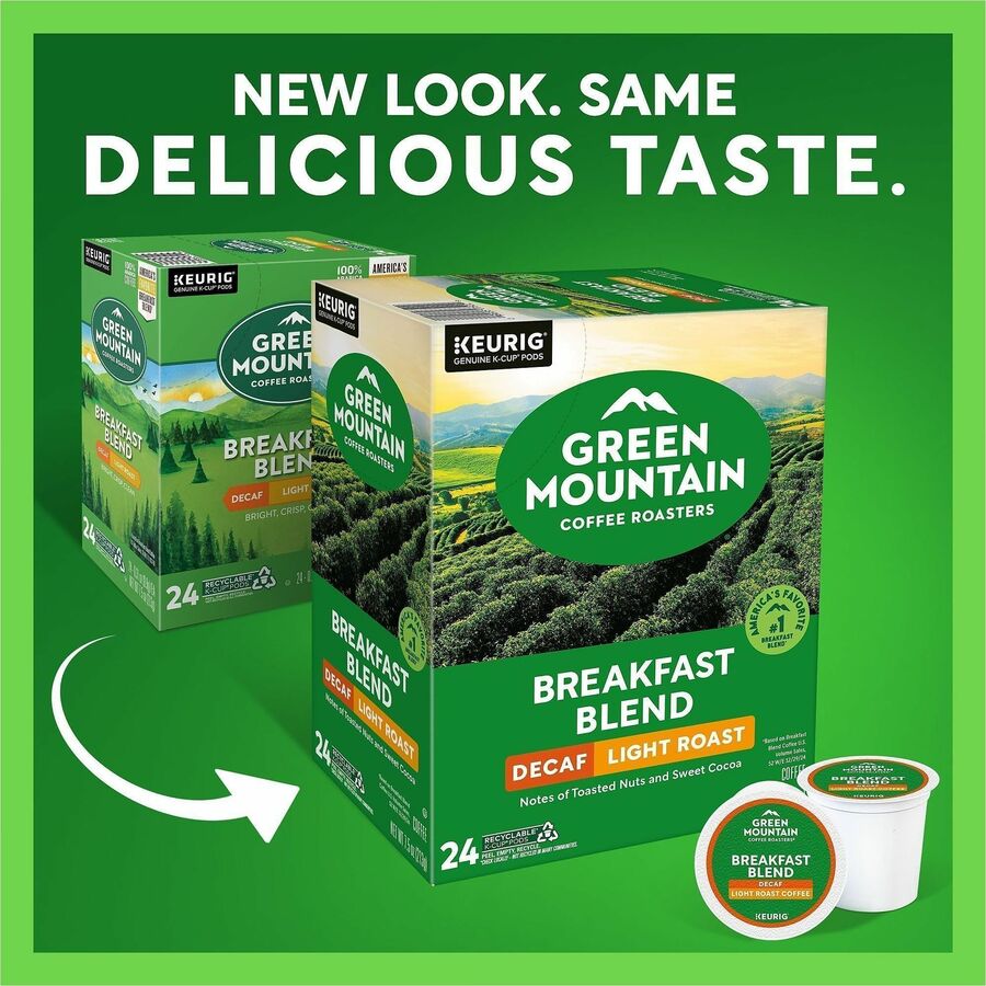 Green Mountain Coffee Roasters&reg; K-Cup Breakfast Blend Decaf Coffee - Compatible with Keurig Brewer - Light/Mild - K-Cup - Decaffeinated - 24 / Box