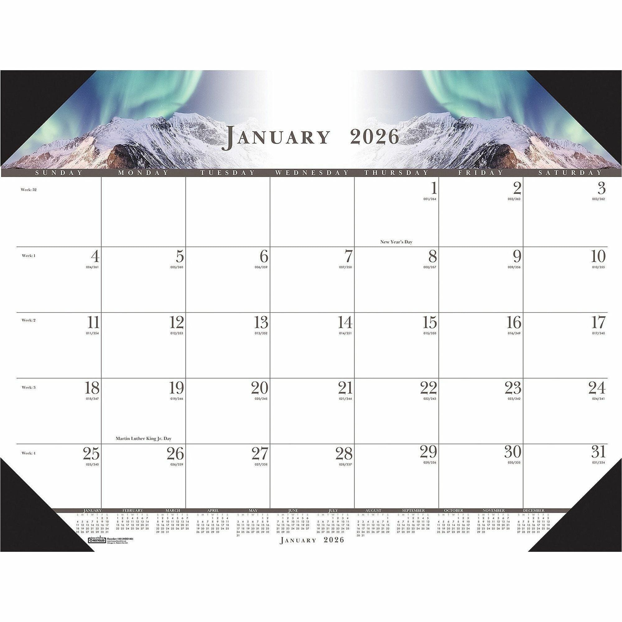 Julian Dates - Monthly - January 2026 to December 2026 - 1 Month Single Page Layout - 22" x 17" Sheet Size - 2.38" x 2.88" Block - Desk Pad - White - Leatherette, Paper - 1 Each
