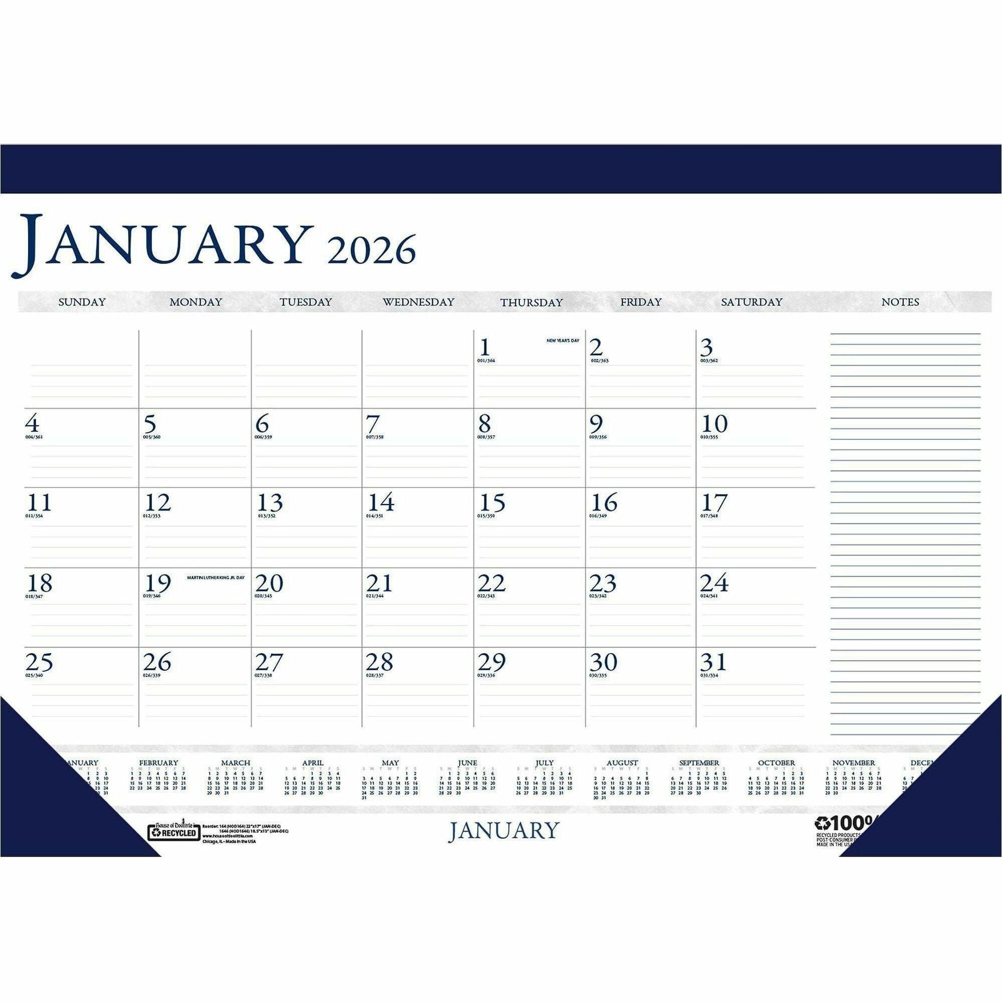 Julian Dates - Monthly - 12 Month - January 2026 to December 2026 - 1 Month Single Page Layout - 22" x 17" Sheet Size - 2.37" x 1.87" Block - Desk Pad - Blue - Paper - 1 Each