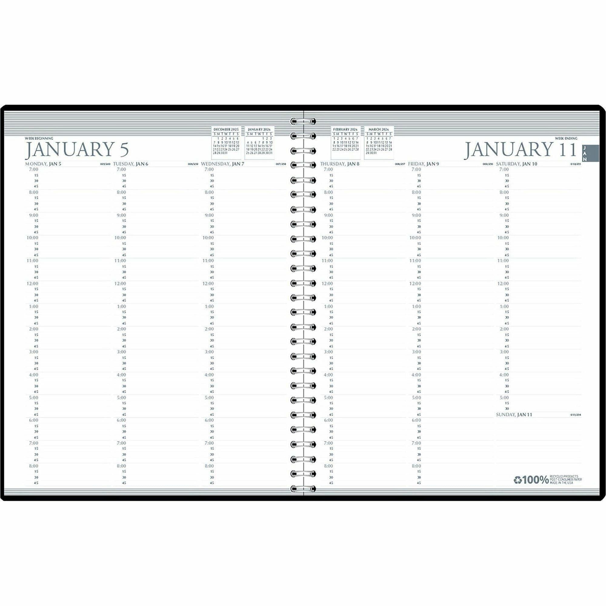 Julian Dates - Weekly - January 2026 to December 2026 - 7:00 AM to 8:45 PM - Quarter-hourly - 1 Week Double Page Layout - 8 1/2" x 11" Sheet Size - Simulated Leather - Black Cover - 1 Each