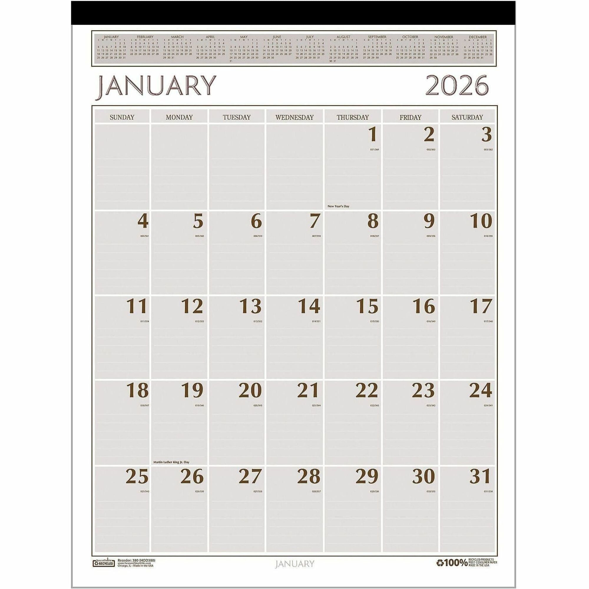 Julian Dates - Monthly - 1 Year - January 2026 to December 2026 - 2 Month Single Page Layout - 20" x 26" Sheet Size - 3.75" x 2.62" Block - Tan - Leather, Paper - Perforated - 1 / Each