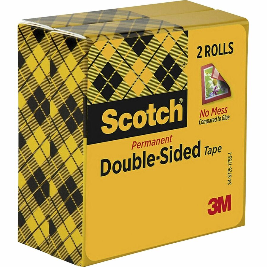 Scotch Permanent Double-Sided Tape - 1/2"W - 25 yd Length x 0.50" Width - 1" Core - Clear - Acrylate - 3 mil - Permanent Adhesive Backing - Long Lasting - For Attaching, Mounting - 1 Pack