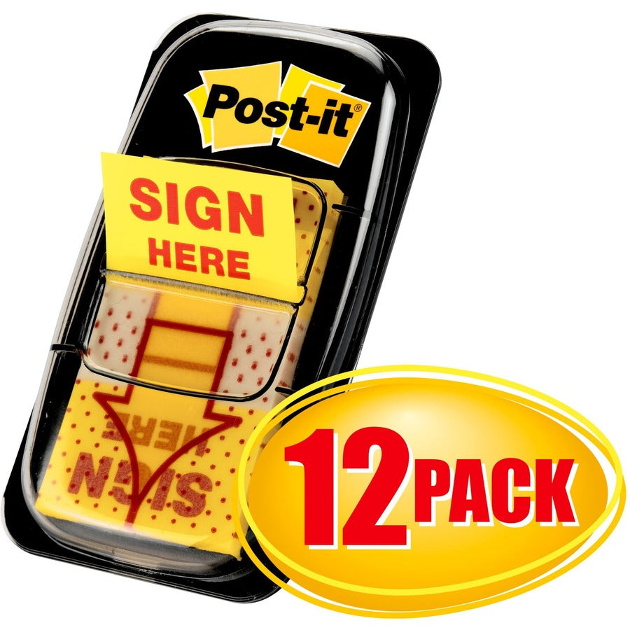 Post-it&reg; Message Flag Value Pack - 600 - 1" Flag/Note Width x 1 3/4" Flag/Note Length - Rectangle, Arrow - Unruled - SIGN HERE - Yellow - Removable - Dispenser Included - 50/Dispenser Box - 12 / Box