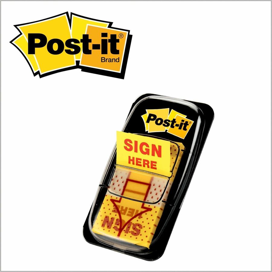 Post-it&reg; Message Flag Value Pack - 600 - 1" Flag/Note Width x 1 3/4" Flag/Note Length - Rectangle, Arrow - Unruled - SIGN HERE - Yellow - Removable - Dispenser Included - 50/Dispenser Box - 12 / Box