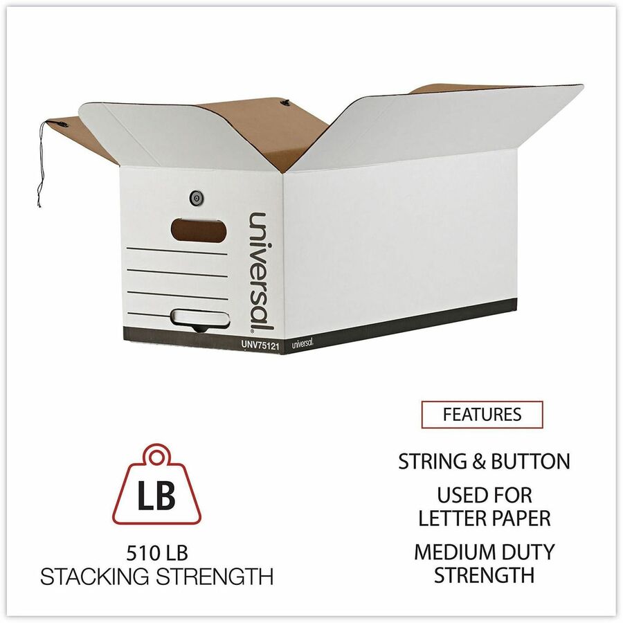 Internal Dimensions: 12" Width x 24" Depth x 10" Height - Media Size Supported: Letter - Flap, String/Button Closure - Medium Duty - Stackable - Corrugated Fiberboard - White - For Box File - 12 / Carton