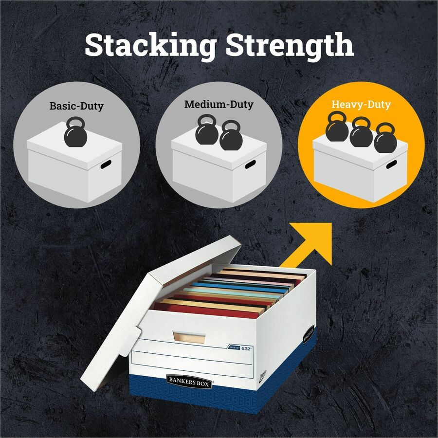 Internal Dimensions: 15" Width x 24" Depth x 10" Height - External Dimensions: 16" Width x 25.4" Depth x 10.5" Height - 800 lb - Lift-off Closure - Heavy Duty - Stackable - White, Blue - For Document, File - Recycled - 12 / Carton
