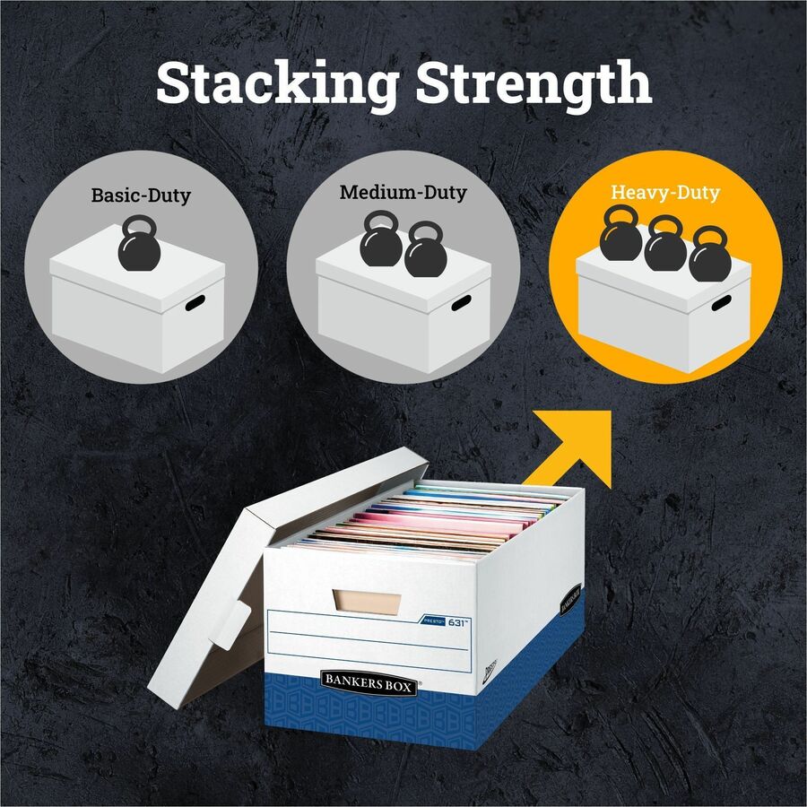 Bankers Box Presto File Storage Box, Heavy Duty, Stackable, Lift-off Lid, Letter Size, White/Blue, 12 per Carton