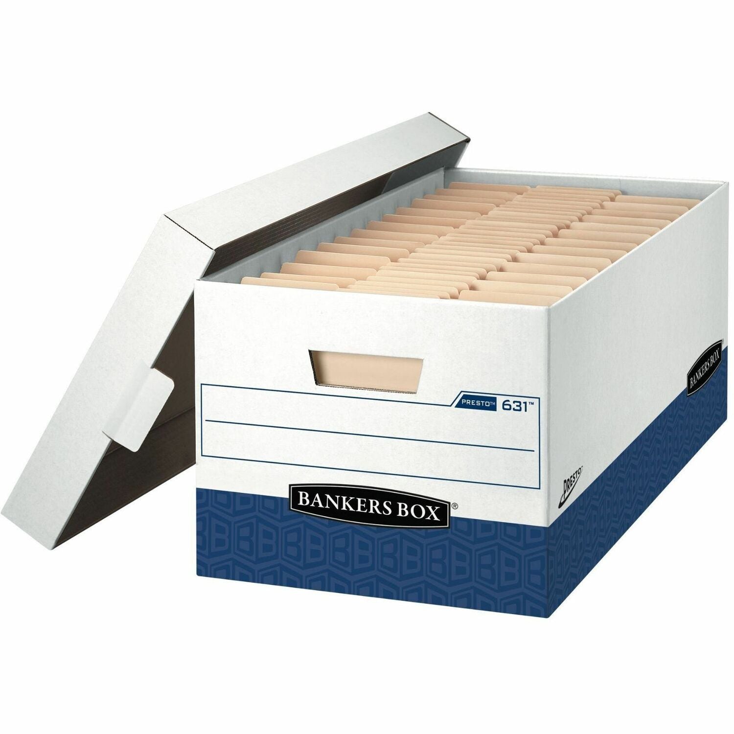 Bankers Box Presto File Storage Box, Heavy Duty, Stackable, Lift-off Lid, Letter Size, White/Blue, 12 per Carton