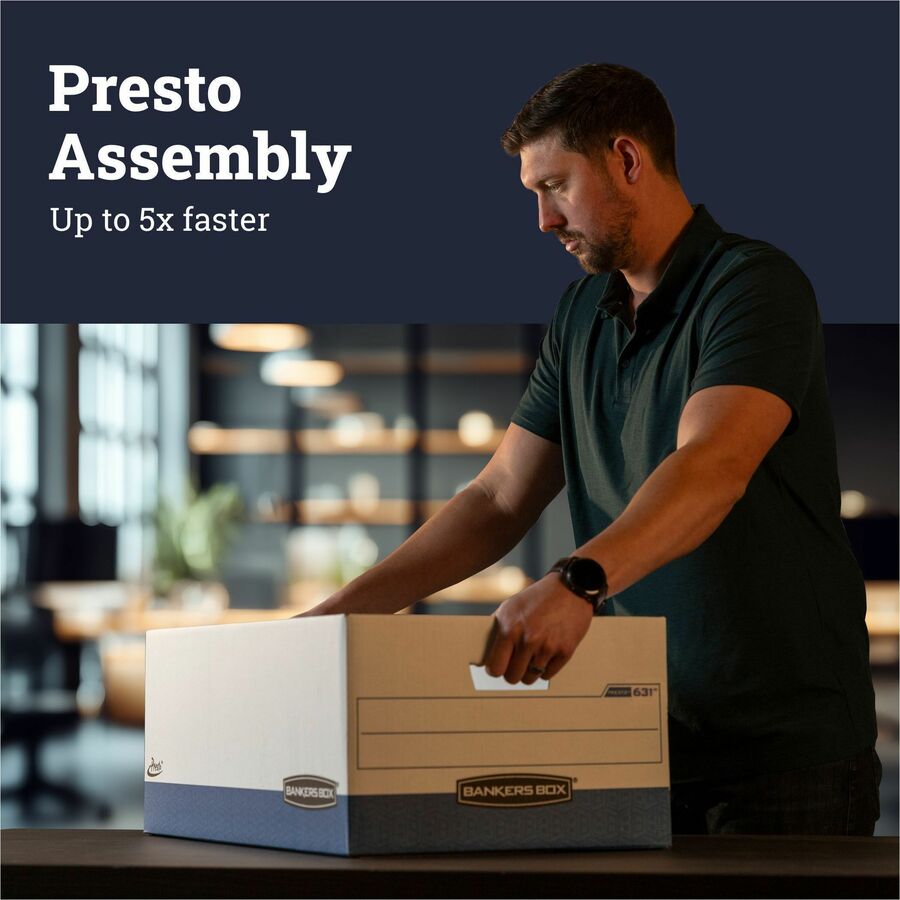 Bankers Box Presto File Storage Box, Heavy Duty, Stackable, Lift-off Lid, Letter Size, White/Blue, 12 per Carton