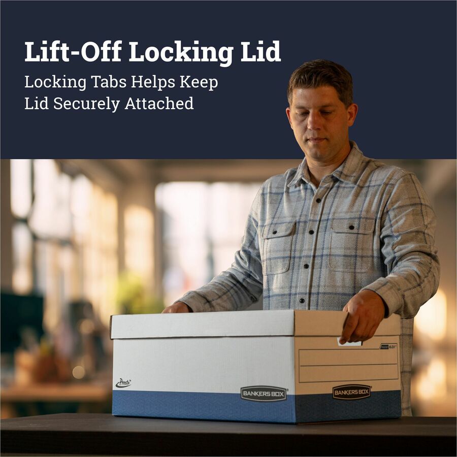 Bankers Box Presto File Storage Box, Heavy Duty, Stackable, Lift-off Lid, Letter Size, White/Blue, 12 per Carton