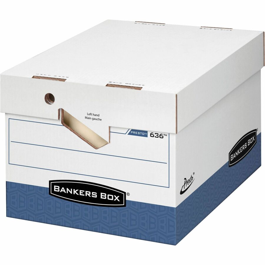 Bankers Box Presto File Storage Box, Heavy Duty, Stackable, Lift-off & Zipper Closure, White/Blue, 12" x 15" x 10" Internal Dimensions, 850 lb Capacity, Recycled, 12/Carton