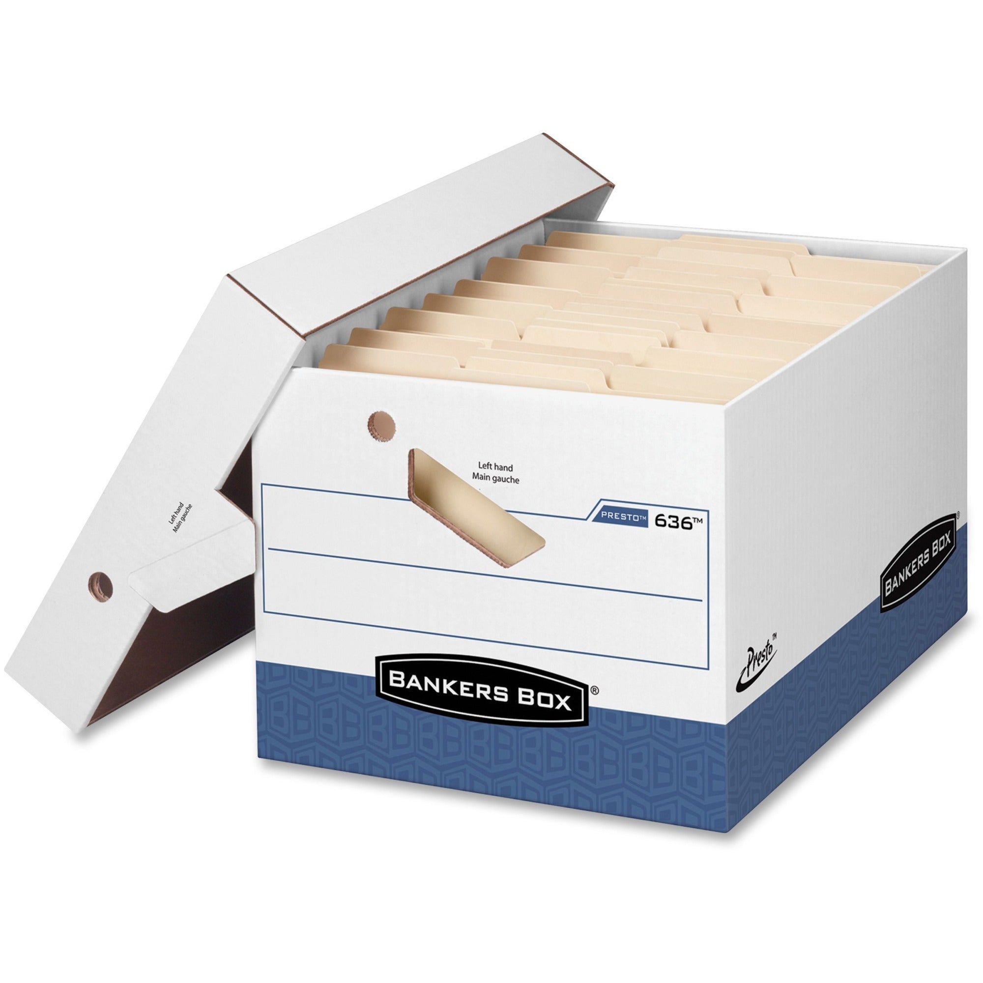Bankers Box Presto File Storage Box, Heavy Duty, Stackable, Lift-off & Zipper Closure, White/Blue, 12" x 15" x 10" Internal Dimensions, 850 lb Capacity, Recycled, 12/Carton