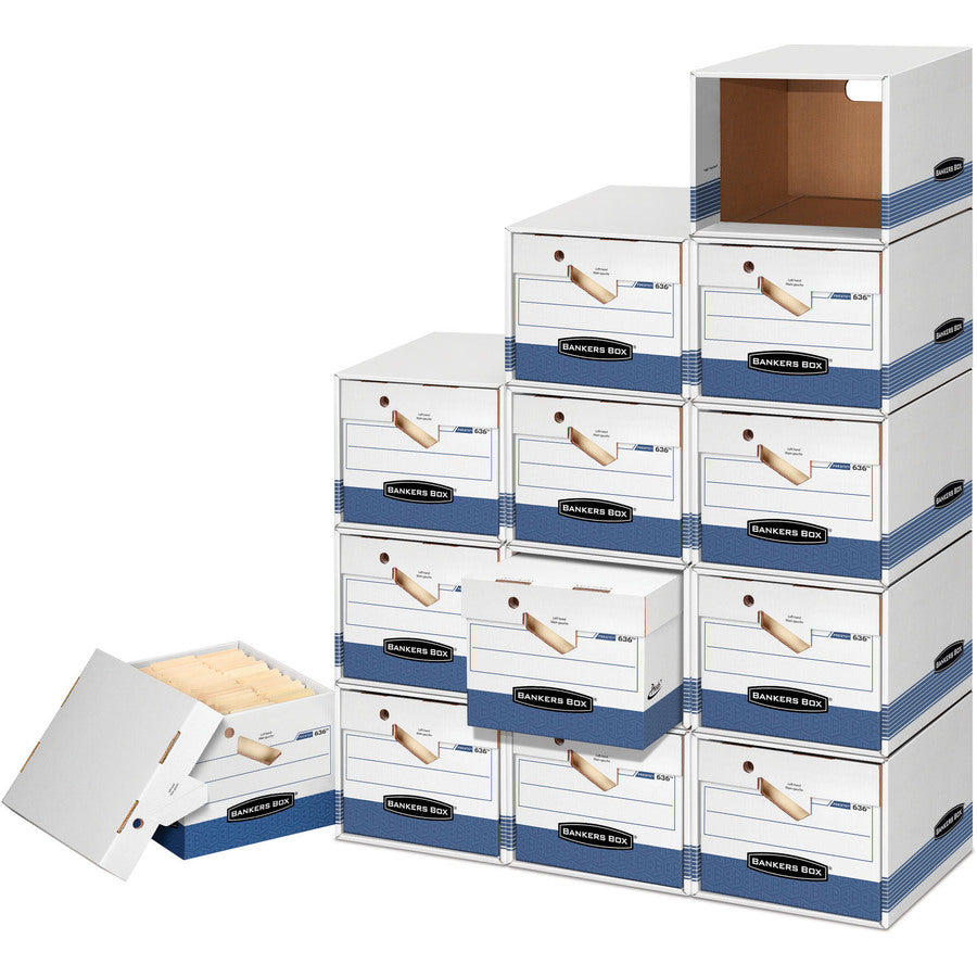 Bankers Box Presto File Storage Box, Heavy Duty, Stackable, Lift-off & Zipper Closure, White/Blue, 12" x 15" x 10" Internal Dimensions, 850 lb Capacity, Recycled, 12/Carton