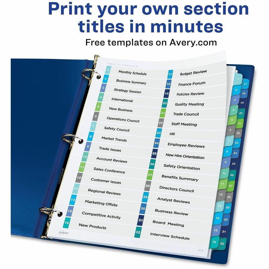 32 x Divider(s) - 32 Tab(s) - Digit - 1-32 - 32 Tab(s)/Set - 8.5" Divider Width x 11" Divider Length - 3 Hole Punched - White Paper Divider - Multicolor Paper Tab(s) - Hole-punched, Printable, Customizable, Pre-printed - 32 Dividers/Set - 32 / Set