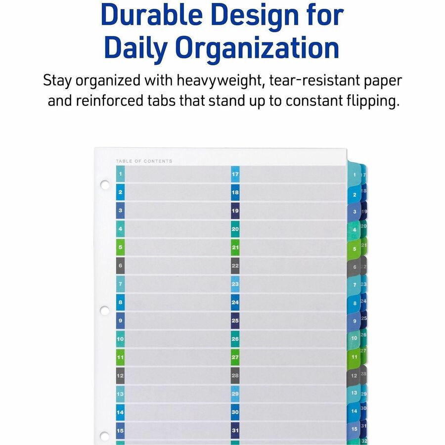 32 x Divider(s) - 32 Tab(s) - Digit - 1-32 - 32 Tab(s)/Set - 8.5" Divider Width x 11" Divider Length - 3 Hole Punched - White Paper Divider - Multicolor Paper Tab(s) - Hole-punched, Printable, Customizable, Pre-printed - 32 Dividers/Set - 32 / Set