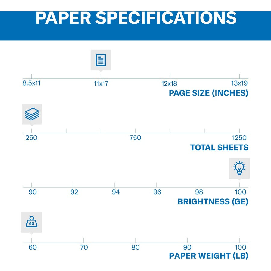 100 Brightness - Ledger/Tabloid - 11" x 17" - 60 lb Basis Weight - Ultra Smooth - Photo White - 250 / Pack