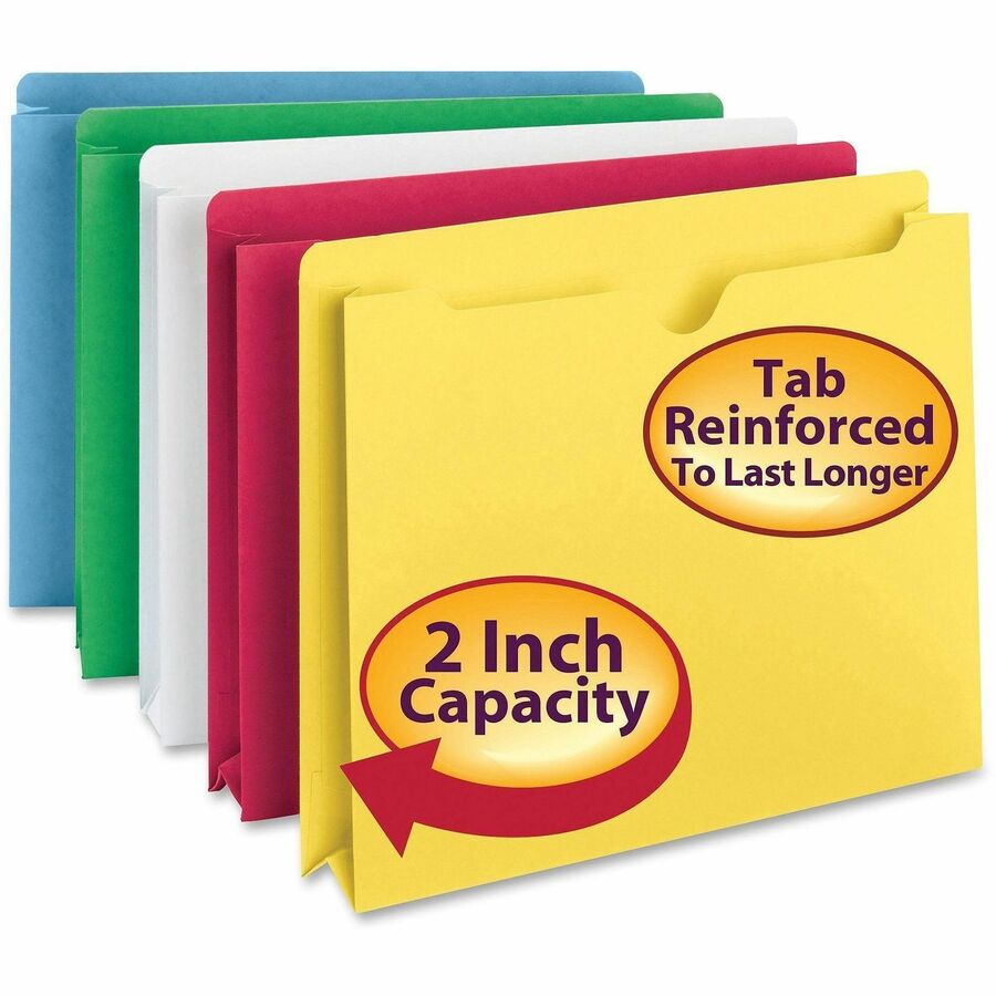 Smead Colored Straight Tab Cut Letter Recycled File Jacket - 8 1/2" x 11" - 2" Expansion - 11 pt. - 2 Plys - Blue, Green, Red, White, Yellow - Slip Resistant, Reinforced Tab - 10% Recycled - 10 / Pack
