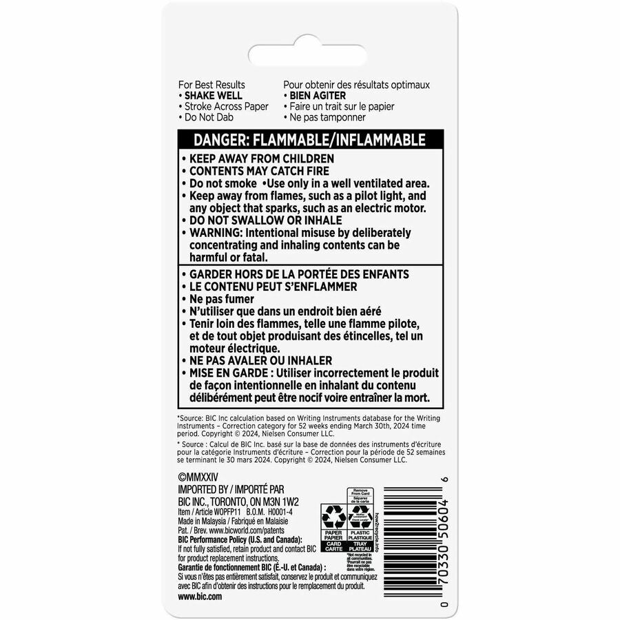 BIC Quick Dry Correction Fluid, White - Foam Brush Applicator - 20 mL - White - Quick Drying, Spill Resistant - 1 Pack