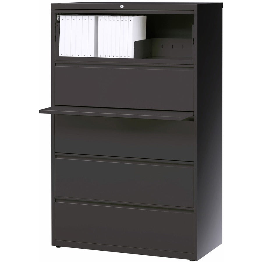 Lorell Fortress Series Lateral File w/Roll-out Posting Shelf - 36" Width x 18.6" Depth x 67.7" Height - 5 x Drawer(s) - Legal, Letter, A4 - Lateral - Rust Proof, Leveling Glide, Interlocking - Charcoal - Baked Enamel - Steel - Recycled
