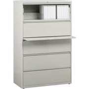 Lorell Fortress Series Lateral File with Roll-out Posting Shelf, 5 Drawers, 36" W x 18.6" D x 67.7" H, Light Gray, Steel, Recycled Content, Lateral, Ball-bearing Suspension, Label Holder, Rust Proof
