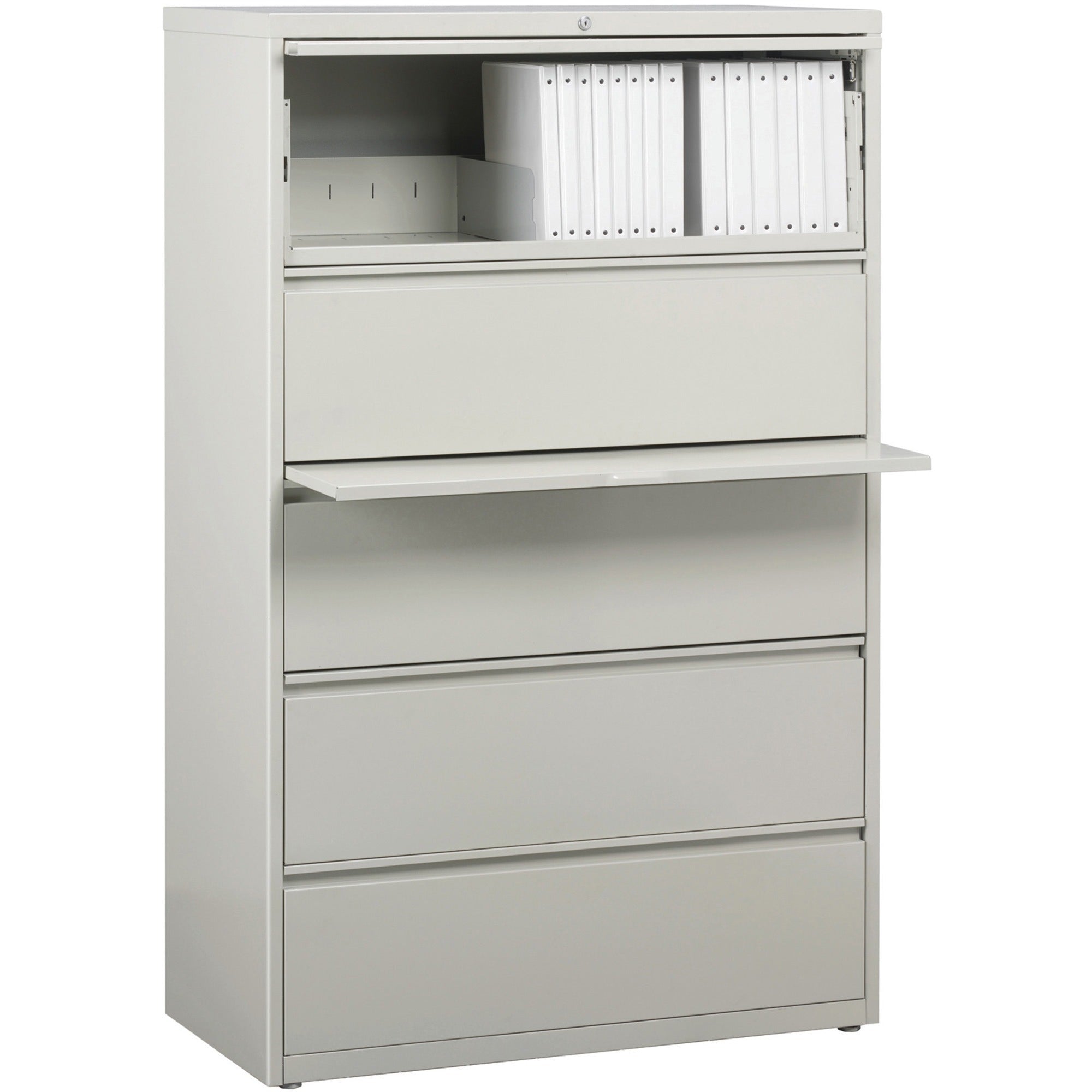 Lorell Fortress Series Lateral File with Roll-out Posting Shelf, 5 Drawers, 36" W x 18.6" D x 67.7" H, Light Gray, Steel, Recycled Content, Lateral, Ball-bearing Suspension, Label Holder, Rust Proof