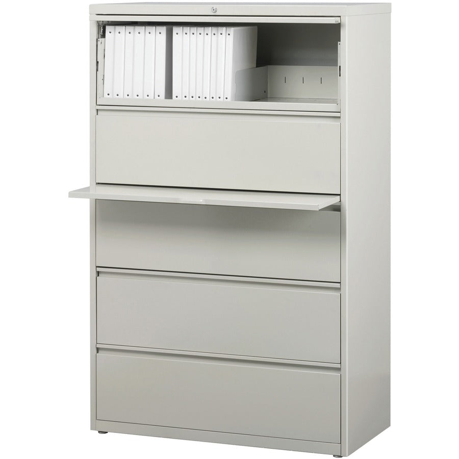 Lorell Fortress Series Lateral File with Roll-out Posting Shelf, 5 Drawers, 36" W x 18.6" D x 67.7" H, Light Gray, Steel, Recycled Content, Lateral, Ball-bearing Suspension, Label Holder, Rust Proof