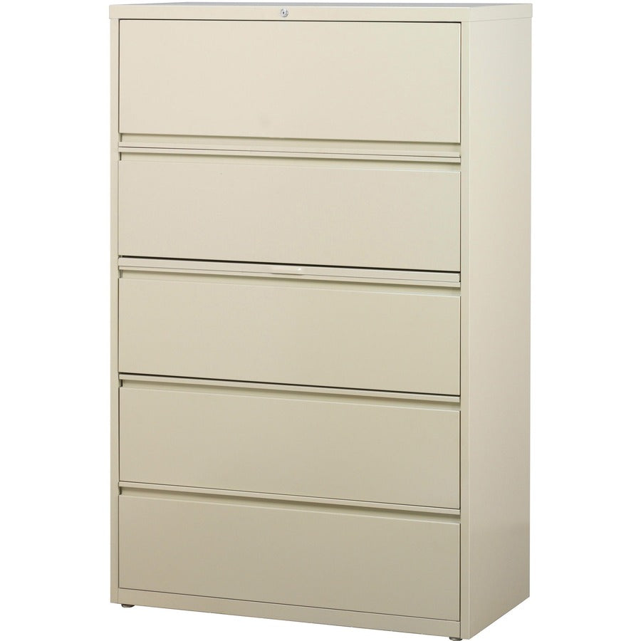 Lorell Fortress Series Lateral File with Roll-out Posting Shelf, 5 Drawers, 36"W x 18.6"D x 67.7"H, Putty, Lateral, Rust Proof, Ball-bearing Suspension, Label Holder, Recycled Content, 1 Each