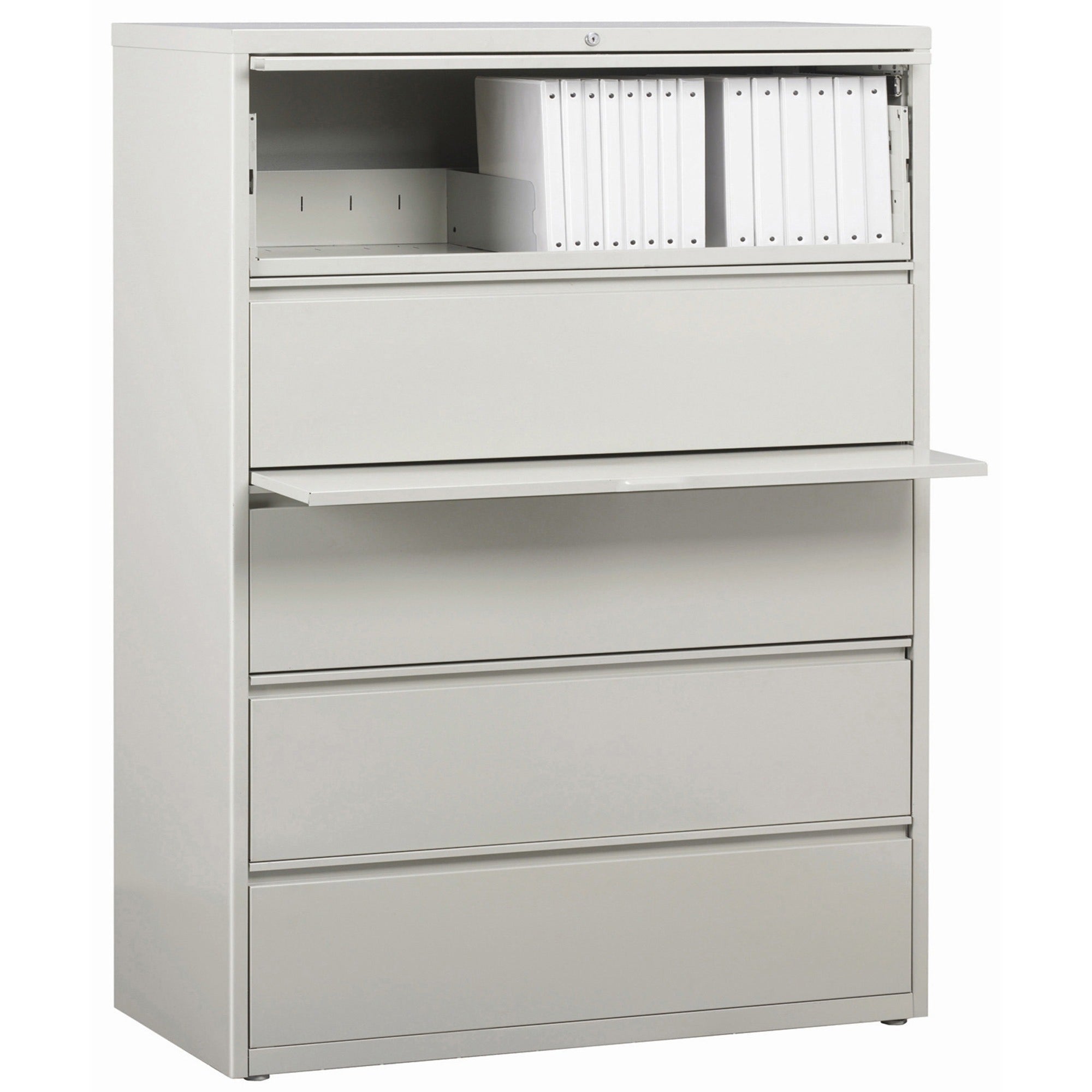 Lorell Fortress Series Lateral File with Roll-out Posting Shelf, 5 Drawers, 42"W x 18.6"D x 67.7"H, Light Gray, Steel, 1 Each