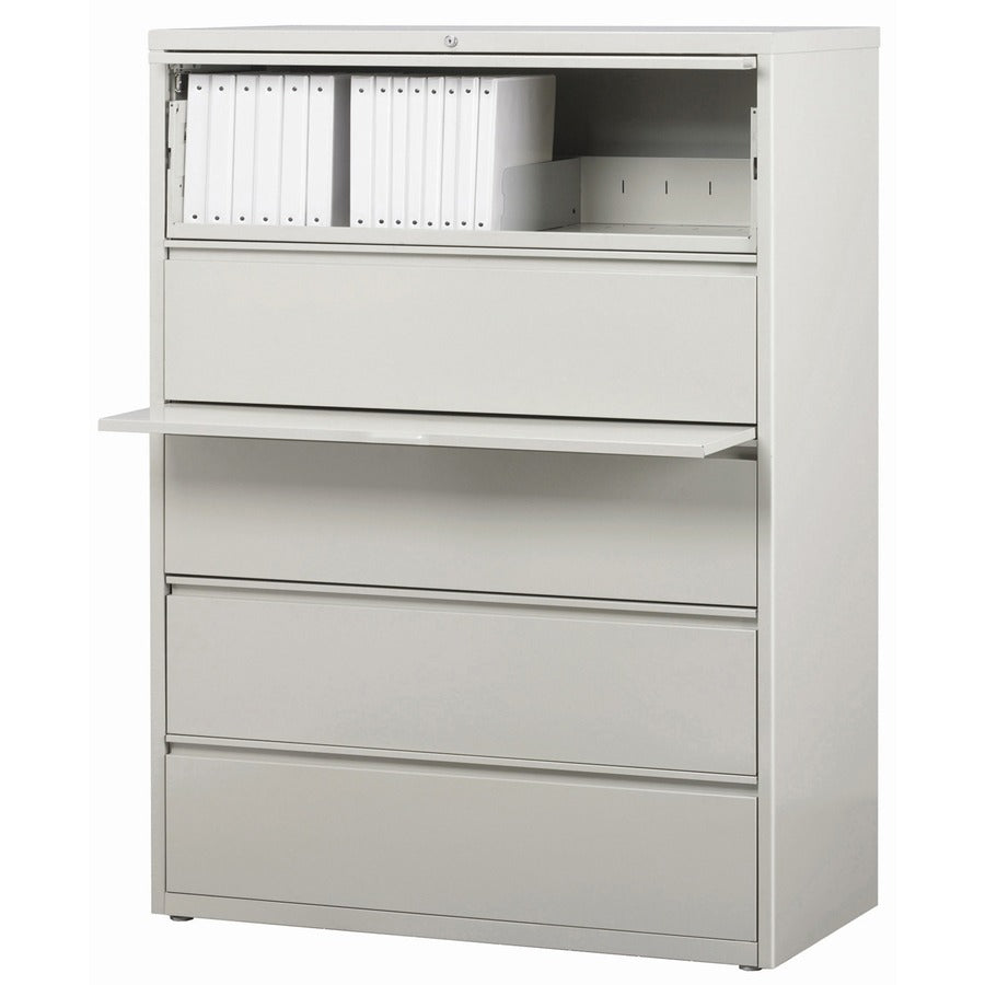 Lorell Fortress Series Lateral File with Roll-out Posting Shelf, 5 Drawers, 42"W x 18.6"D x 67.7"H, Light Gray, Steel, 1 Each