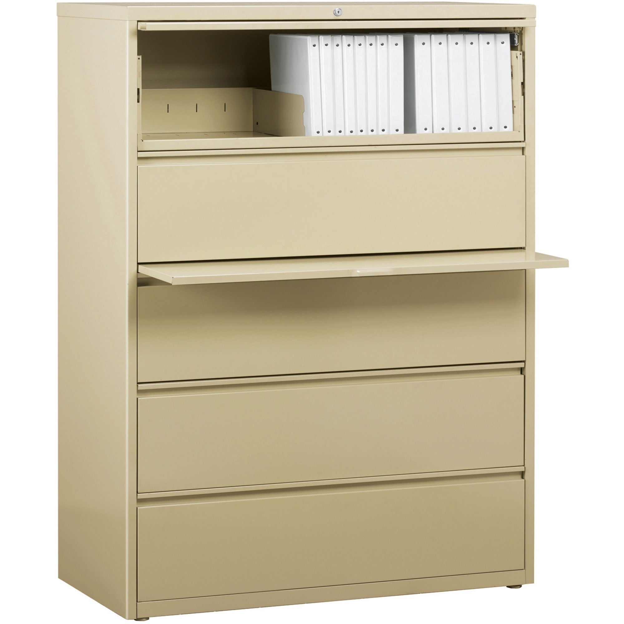 Lorell Fortress Series Lateral File with Roll-out Posting Shelf, 5 Drawers, 42"W x 18.6"D x 67.7"H, Putty, 1 Each