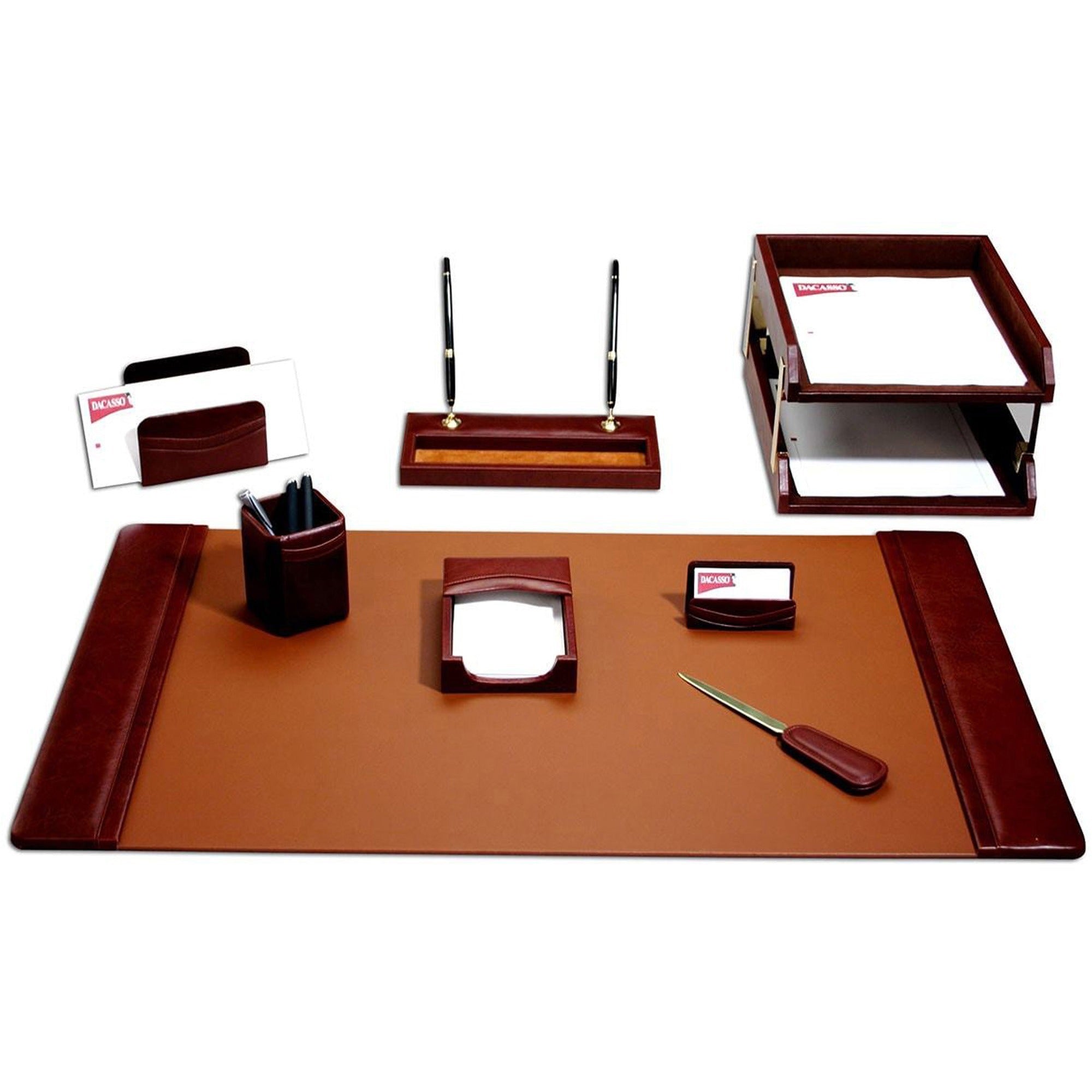 Dacasso Leather Desk Set, 10-Piece, Top-Grain Leather, Includes Desk Pad, 2 Letter Trays, Pencil Cup, Memo Holder, Letter Holder, Business Card Holder, Letter Opener, Double Pen Stand, 1 Each