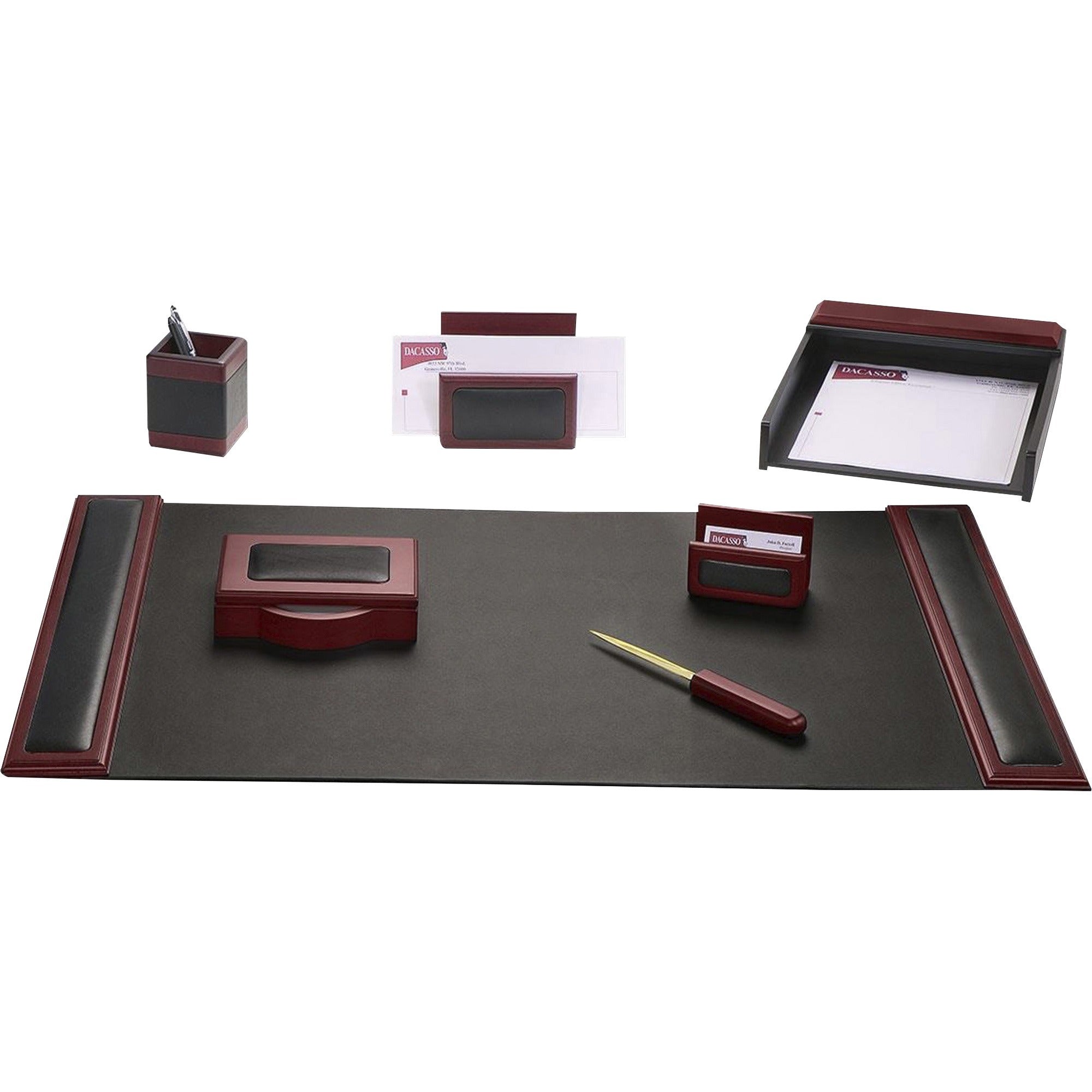 Dacasso Rosewood & Leather Desk Set, Seven-Piece, 1 Each