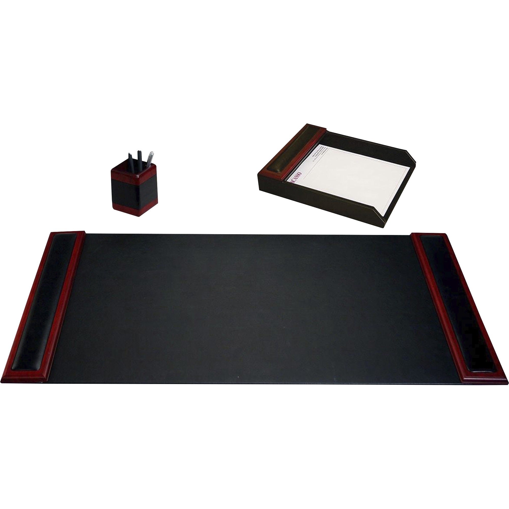 Dacasso Rosewood & Leather Desk Set, 3-Piece, Includes Desk Pad, Letter Tray, Pencil Cup, 1 Each