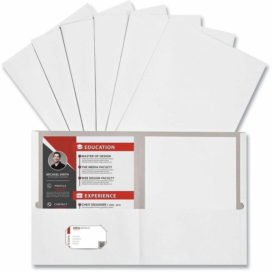 Universal Two-Pocket Portfolio, Embossed Leather Grain Paper, White, 11" x 8.5", 2 Pockets, Business Card Holder, 25/Box
