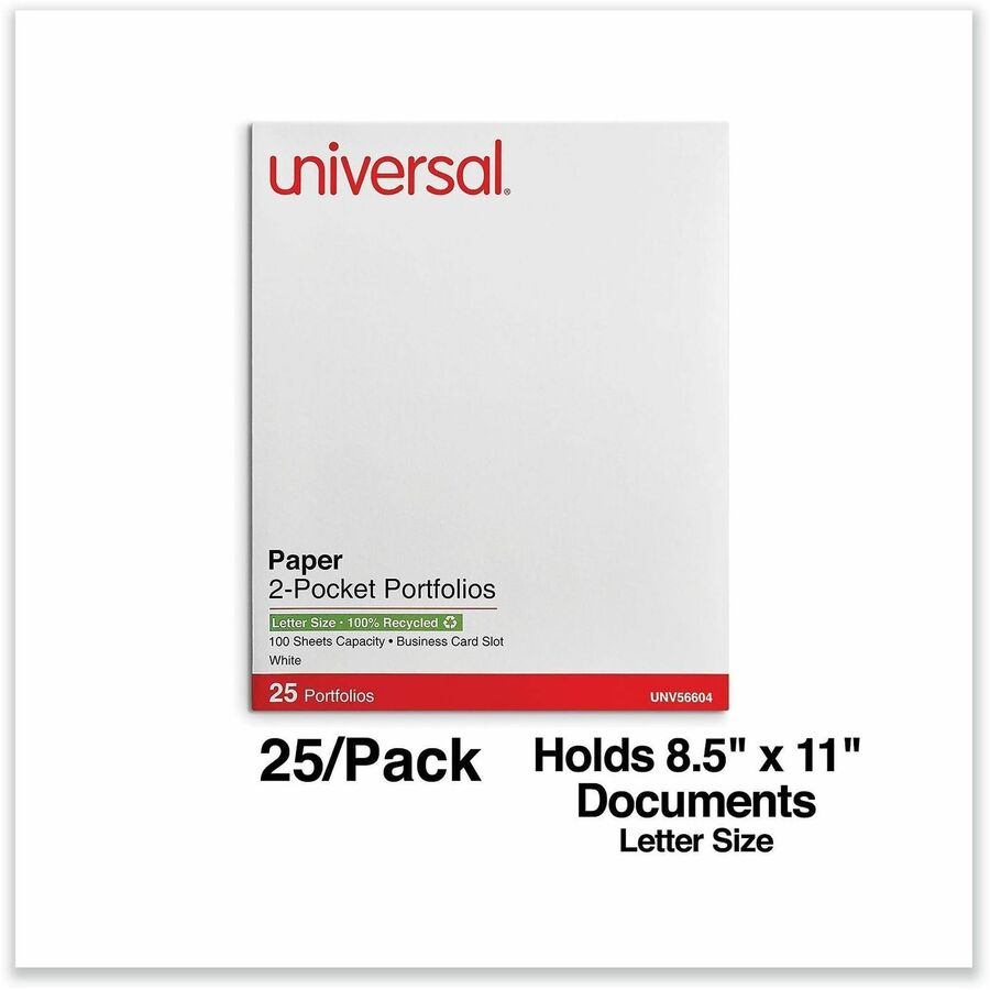 Universal Two-Pocket Portfolio, Embossed Leather Grain Paper, White, 11" x 8.5", 2 Pockets, Business Card Holder, 25/Box