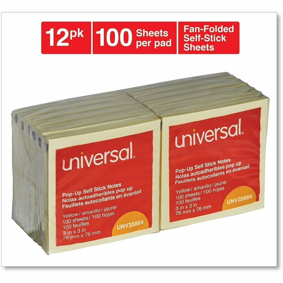 Universal Note Pad - 100 x Yellow - Square - 100 Sheets per Pad - Yellow - Self-stick, Residue-free, Fanfold, Pop-up, Repositionable, Adhesive - 12 / Pack