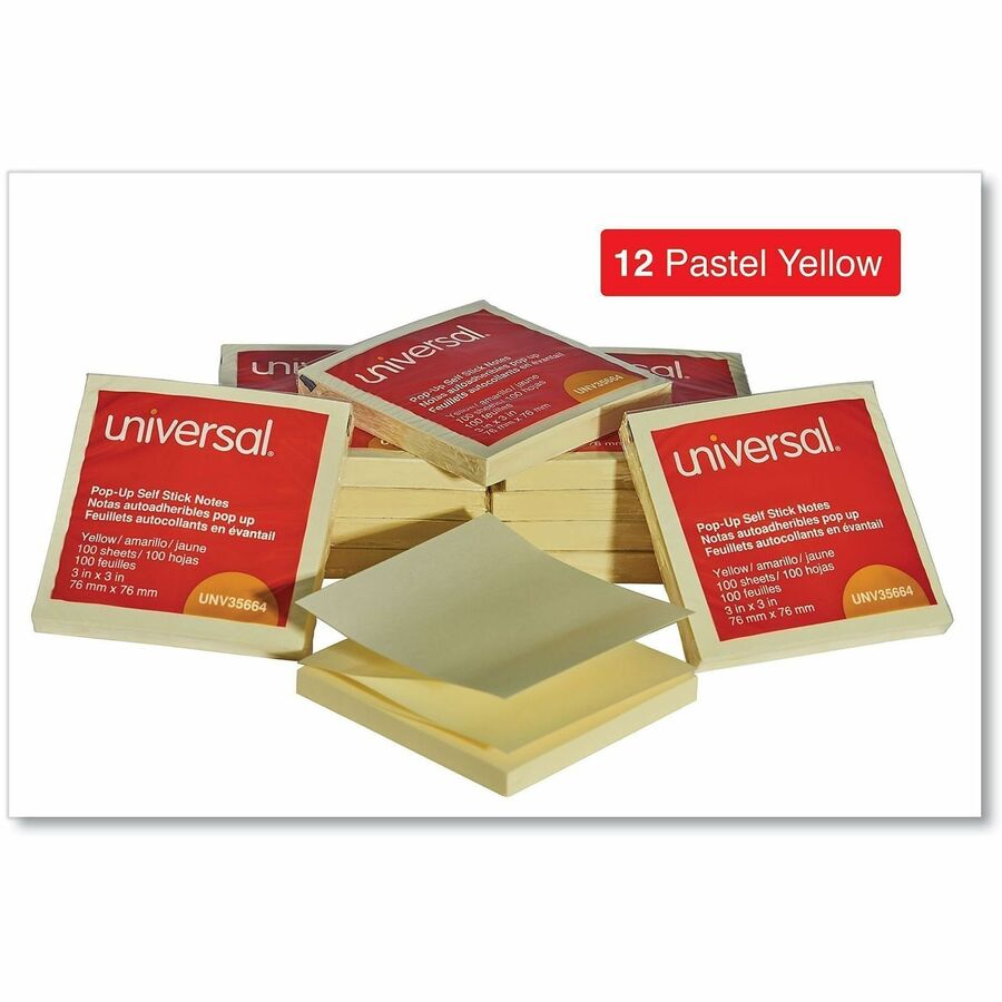 Universal Note Pad - 100 x Yellow - Square - 100 Sheets per Pad - Yellow - Self-stick, Residue-free, Fanfold, Pop-up, Repositionable, Adhesive - 12 / Pack