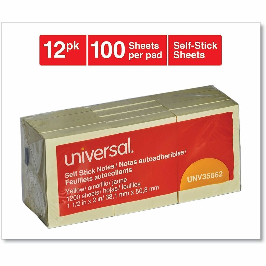 Universal Note Pad - 100 x Yellow - Rectangle - 100 Sheets per Pad - Yellow - Self-stick, Residue-free - 12 / Pack