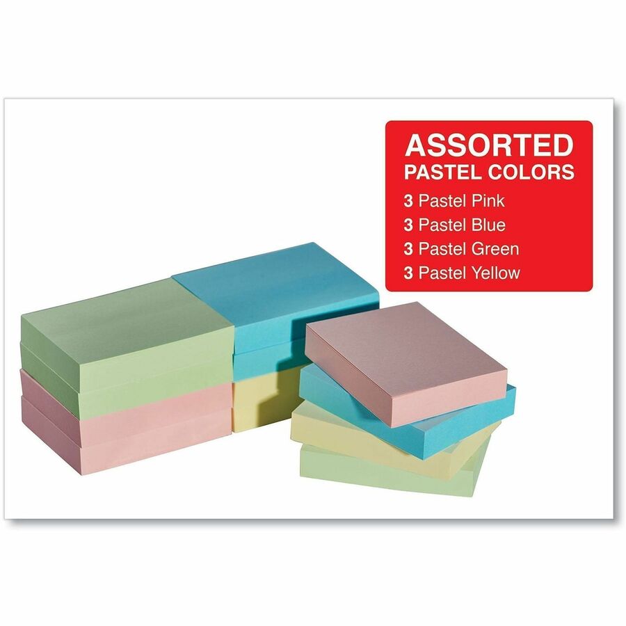 Universal Note Pad - 100 x Assorted Pastel - Rectangle - 100 Sheets per Pad - Assorted Pastel - Self-stick, Residue-free - 12 / Pack