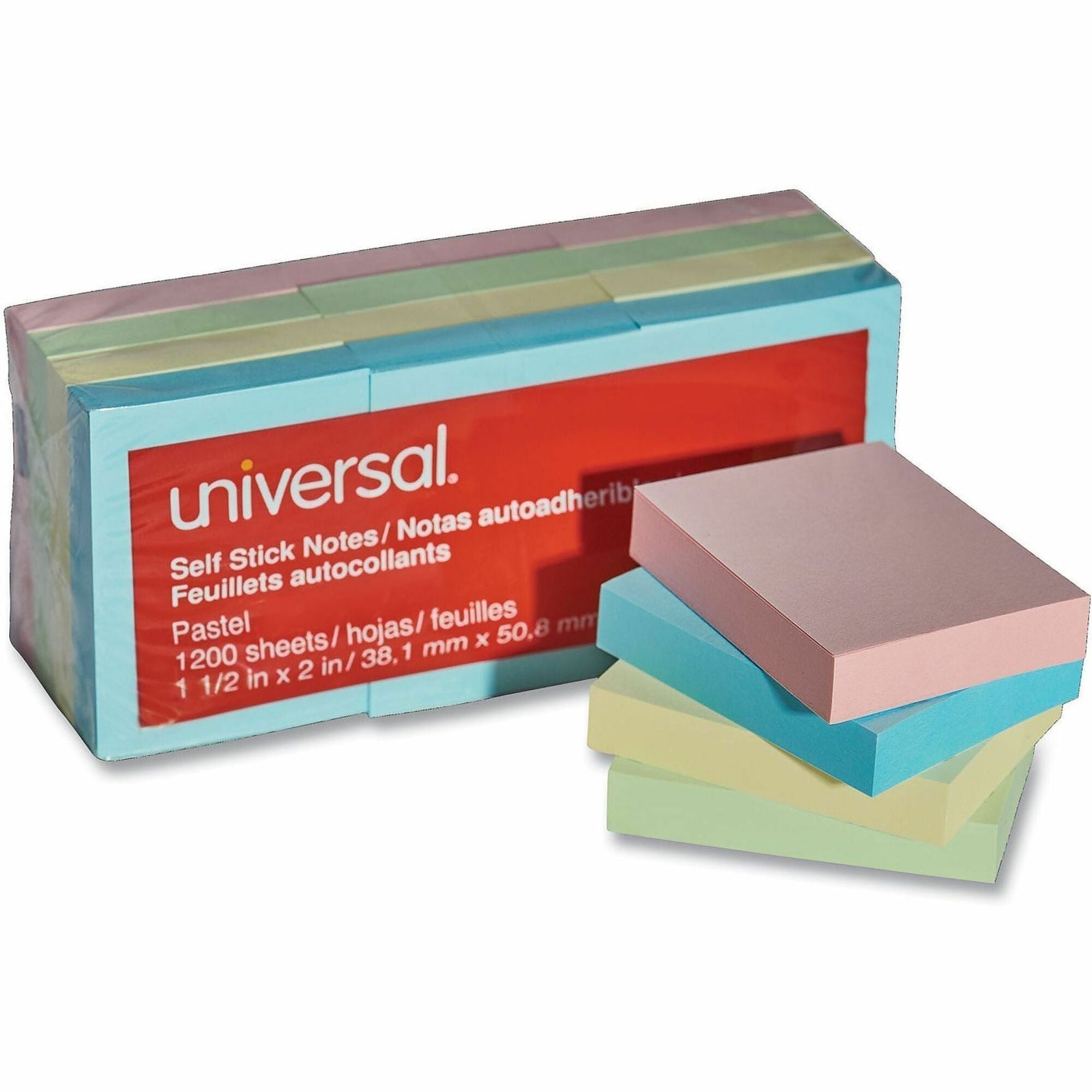 Universal Note Pad - 100 x Assorted Pastel - Rectangle - 100 Sheets per Pad - Assorted Pastel - Self-stick, Residue-free - 12 / Pack