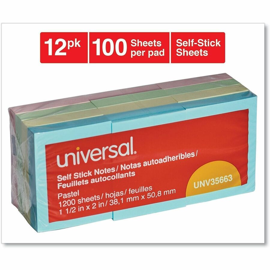 Universal Note Pad - 100 x Assorted Pastel - Rectangle - 100 Sheets per Pad - Assorted Pastel - Self-stick, Residue-free - 12 / Pack