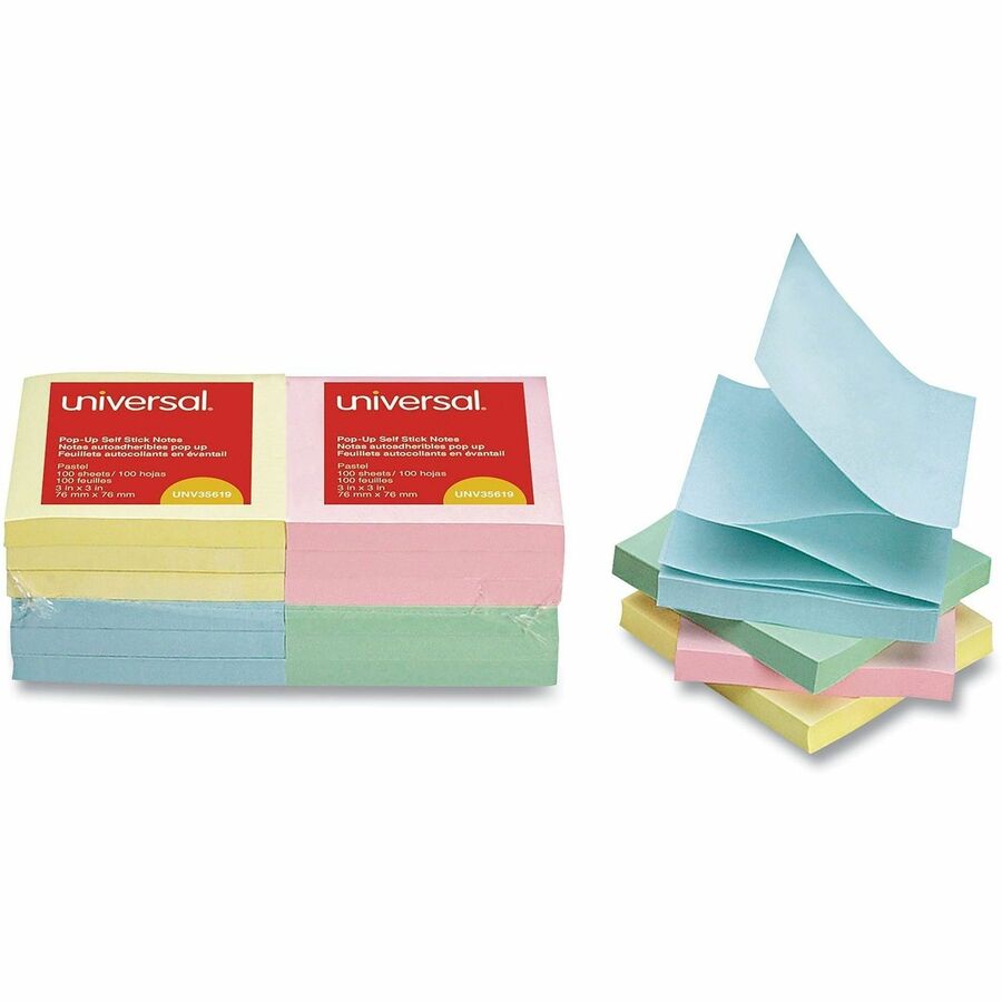 Universal Note Pad - 100 x Assorted Pastel - Square - 100 Sheets per Pad - Pastel Assorted - Self-stick, Residue-free, Fanfold, Pop-up, Repositionable, Adhesive - 12 / Pack