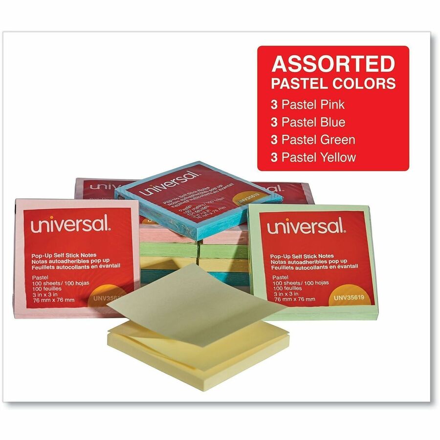 Universal Note Pad - 100 x Assorted Pastel - Square - 100 Sheets per Pad - Pastel Assorted - Self-stick, Residue-free, Fanfold, Pop-up, Repositionable, Adhesive - 12 / Pack